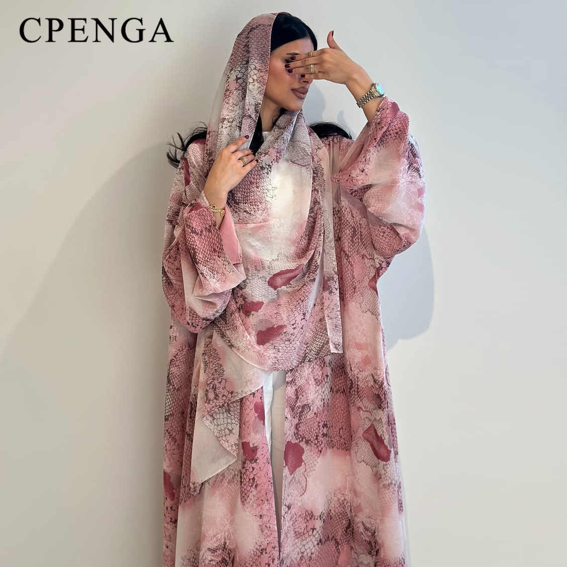 Abaya Modest Wear - Abaya Aberta de Chiffon Rosa Estampado