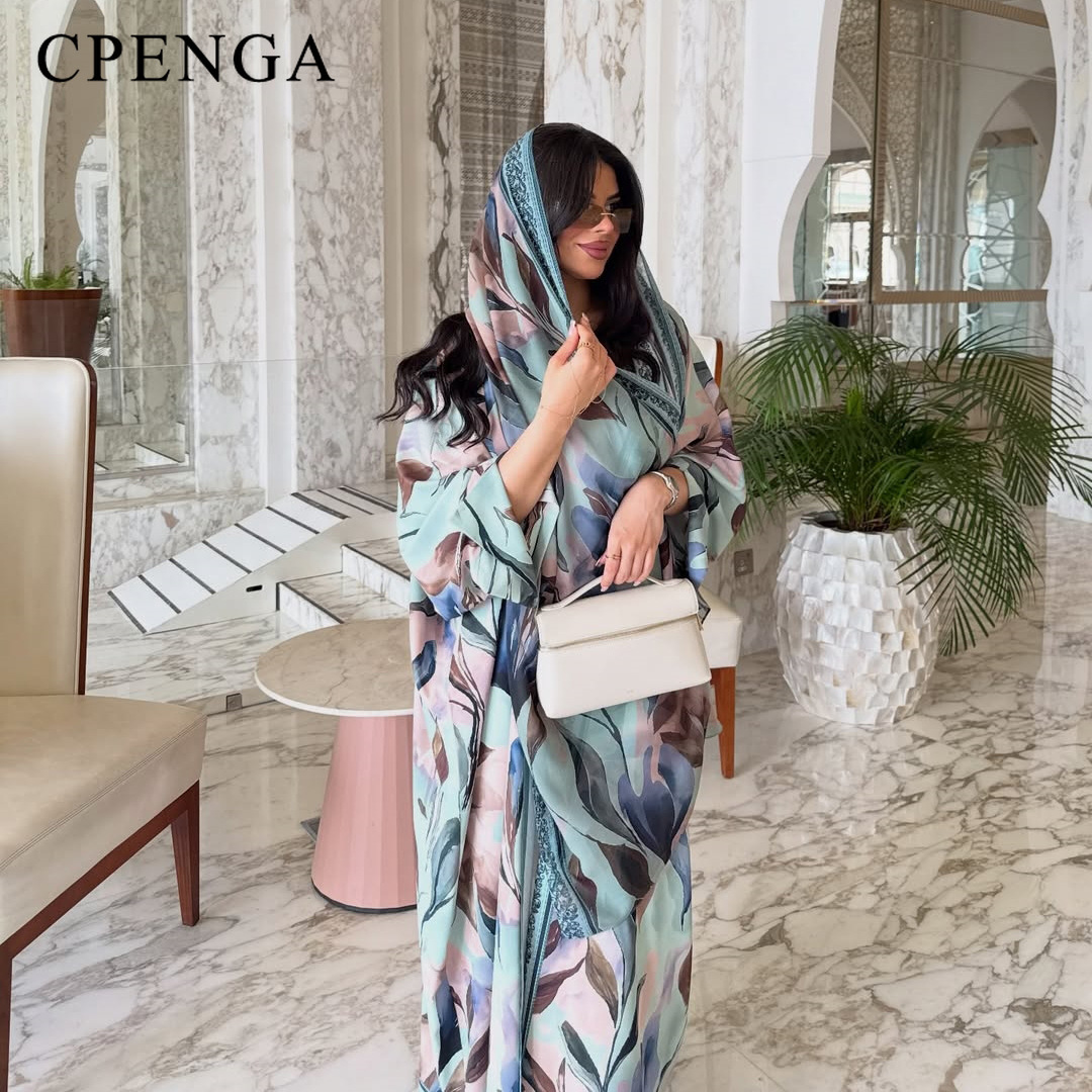 Abaya Modest Wear - Abaya de Luxo Dubai com Estampa