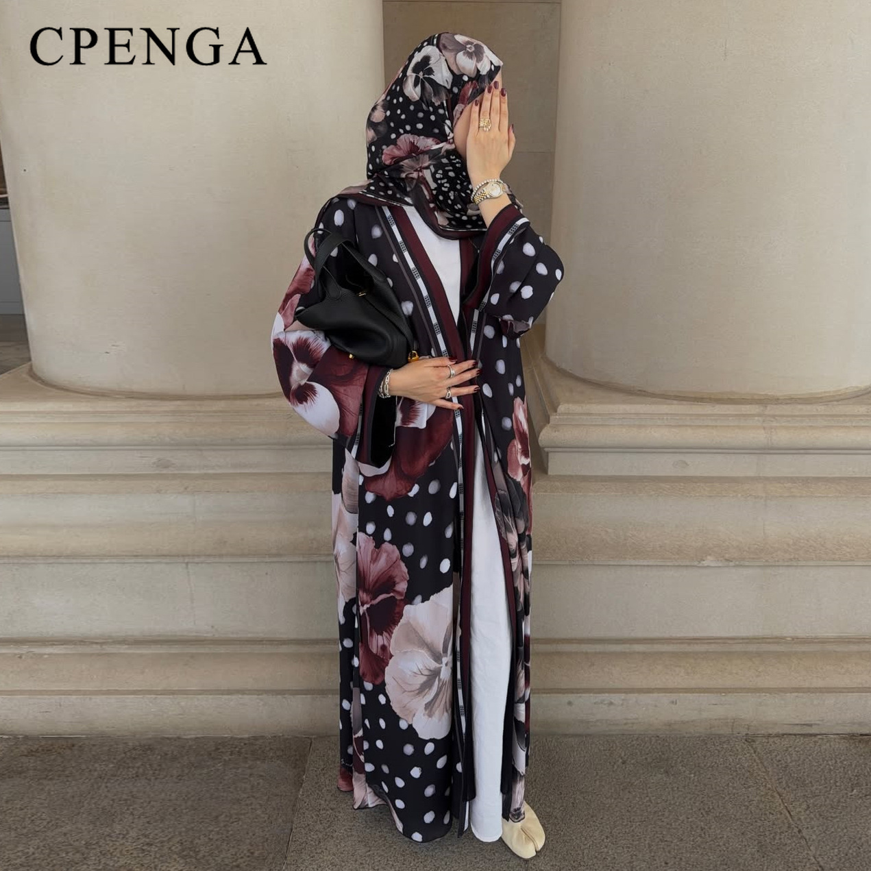 Ethnic Gown - Abaya Floral de Duas Peças com
