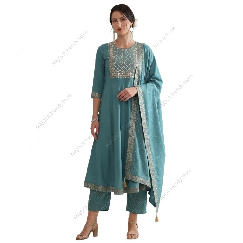 Conjunto de 3 Peças Azul Pavão - Salwar Kameez Set avaliação e preço